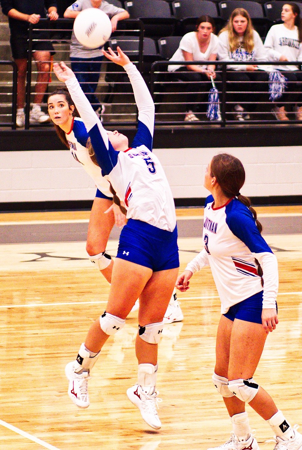 Carley Spears was selected setter of the year for District 13-3A. Here, she sets the ball for Ava Burroughs against Redwater in their bi-district playoff win.